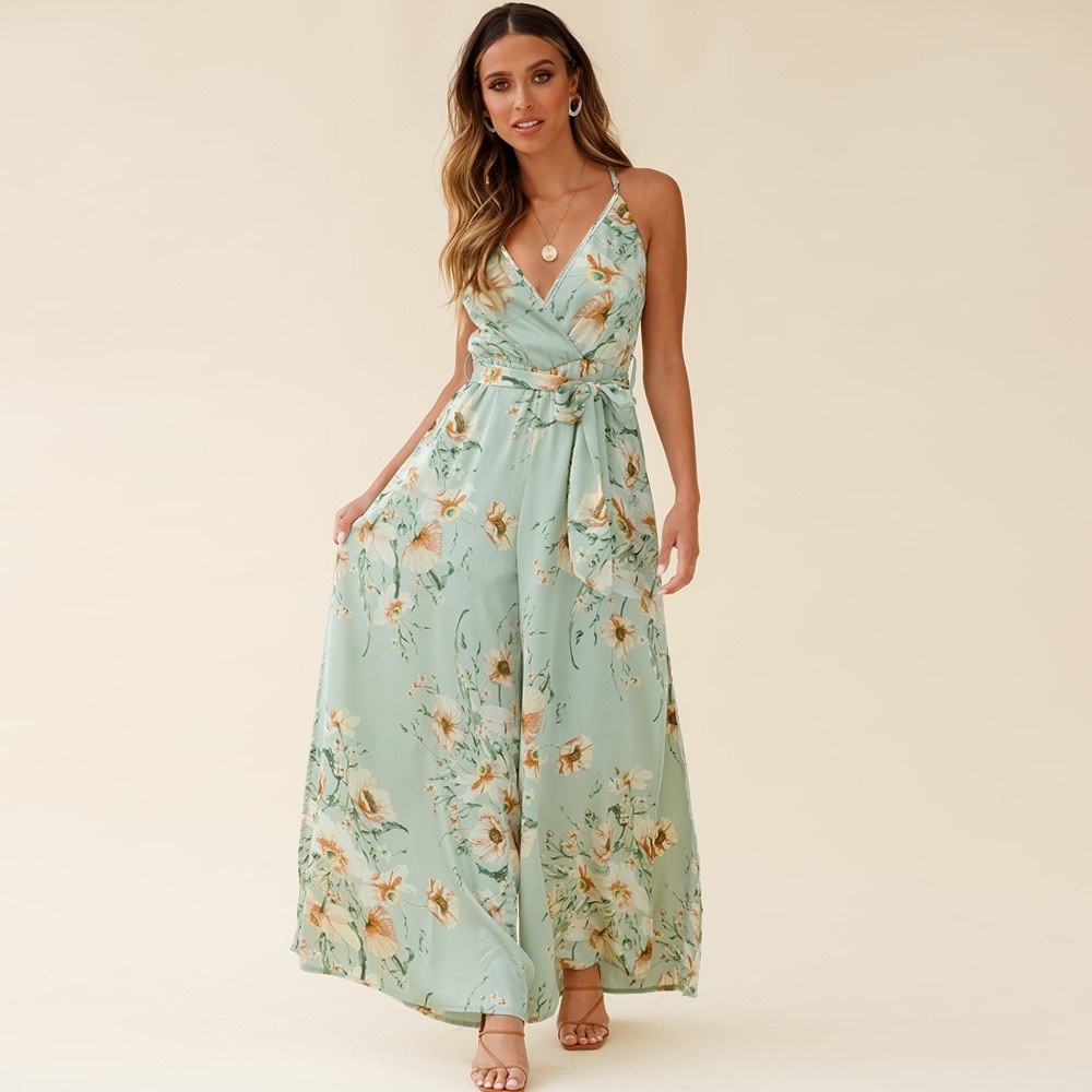 Floral Print Side Slit Jumpsuit Mint - Picture 2 of 5